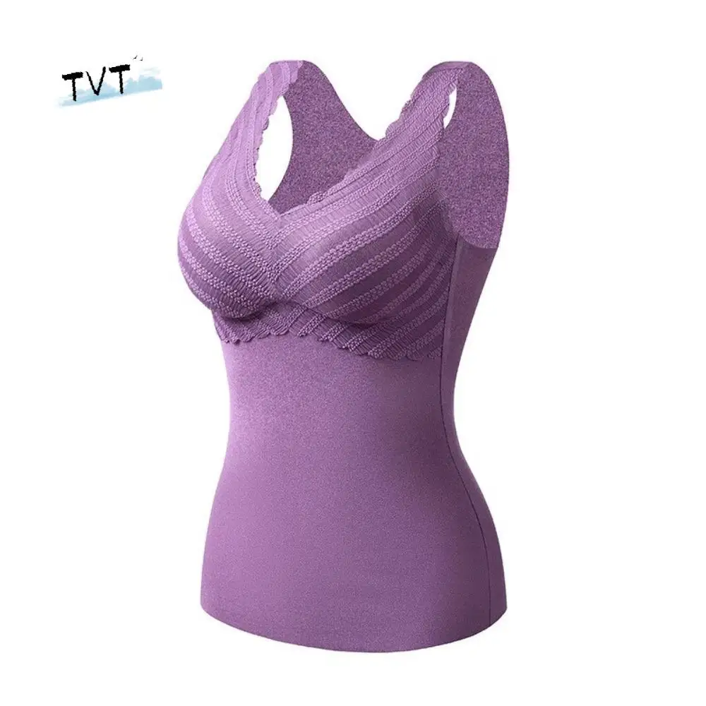 

Winter Autumn Women Thermal Underwear Bottoming Shirt High Elastic Sleevesless Warm Top Large Size Vest Underwear with Pad