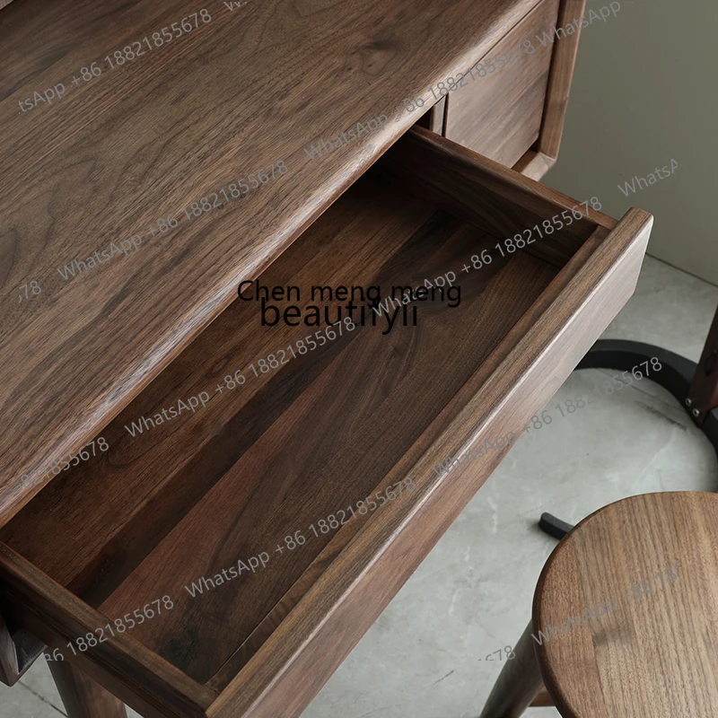 โต๊ะเครื่องแป้งไม้จริงสไตล์นอร์ดิกมินิมอลสีดำวอลนัท พร้อมตู้เก็บของในตัว