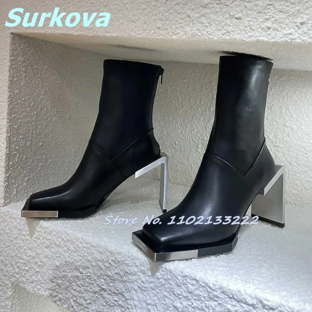 Unikalne metalowe buty na obcasie kwadratowe wysokie obcasy czarne skórzane botki zimowe jesienne modne buty damskie najnowsze wybiegi codzienne buty