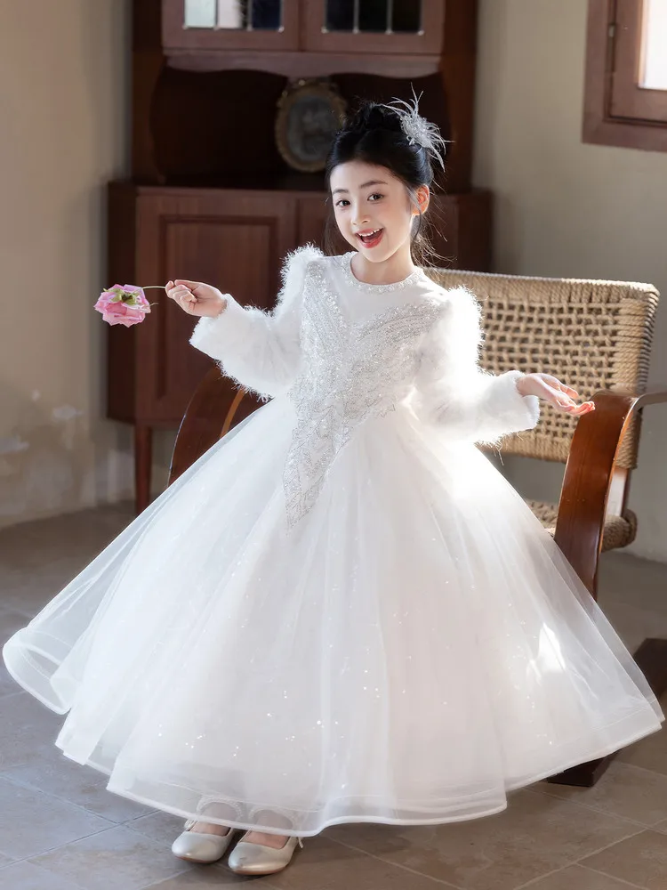 2026 vestido floral para meninas, mangas compridas, vestido de festa grosso para meninas, champanhe, vestido branco para meninas