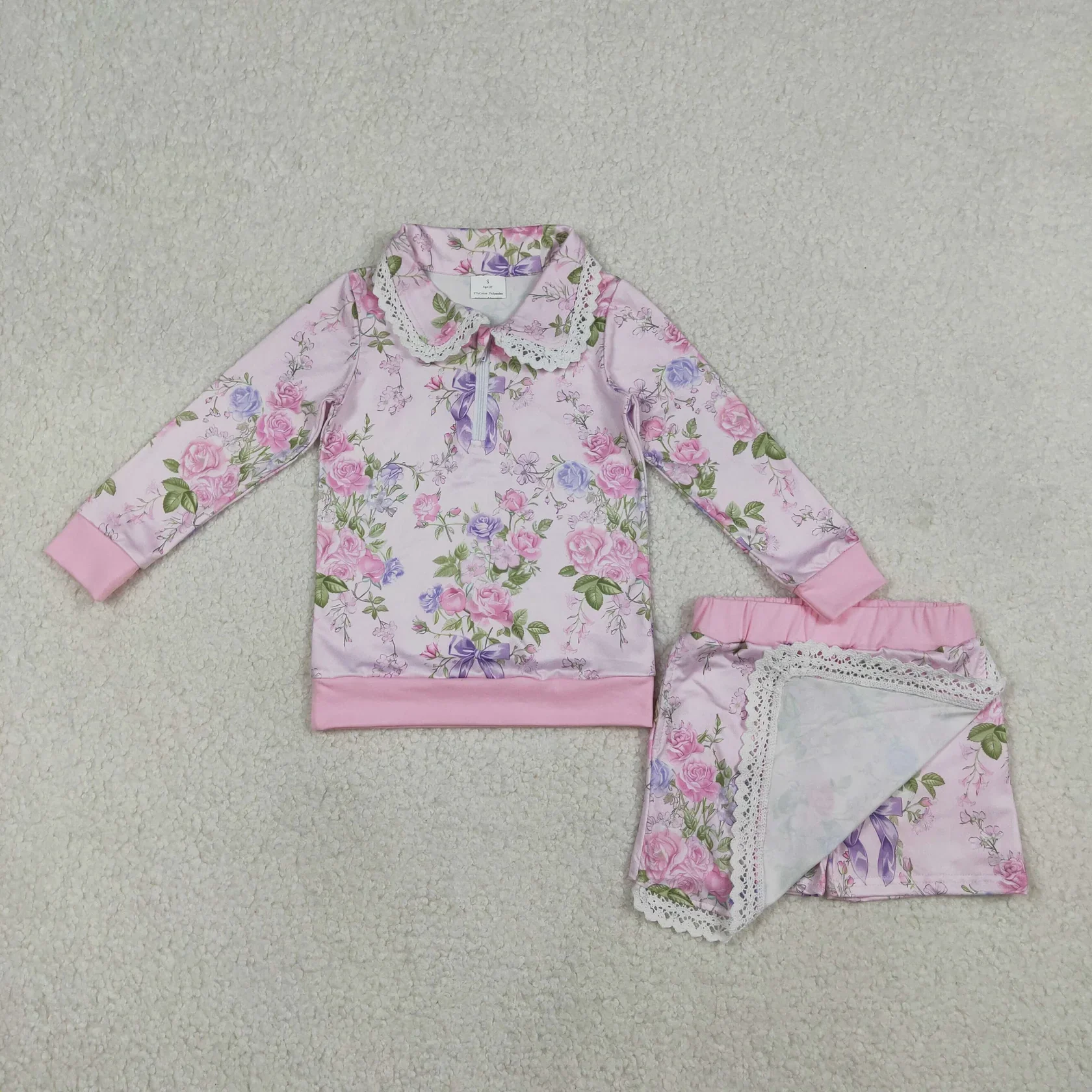 Wholesale Infant Long Sleeves Zipper Flower Bows Shirts Clothes Baby Girl Shirt Toddler Shorts Skirt Outfit Children Kids Set