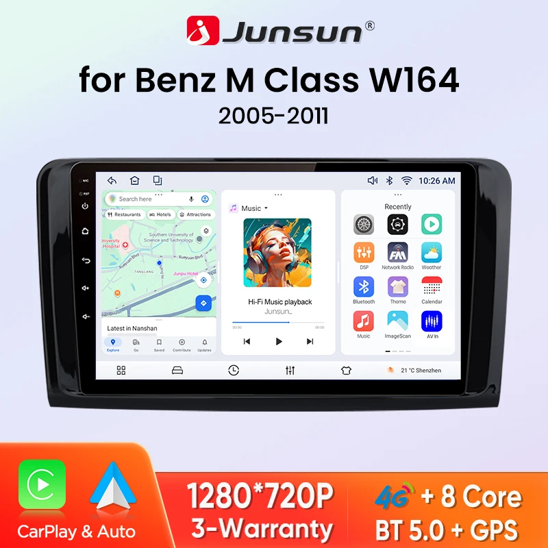 Autoradio Junsun 8 cœurs sans fil CarPlay Android Auto pour Mercedes Benz Classe M W164 Classe GL X164 ML GL 4G WiFi GPS Navigation