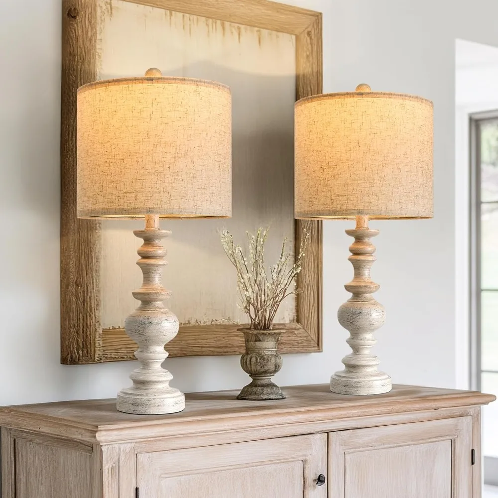 

BOBOMOMO 24" Farmhouse Resin Table Lamp Set of 2, Vintage Lamps for Living Room Bedroom with Linen Shades, Traditional Rustic Be