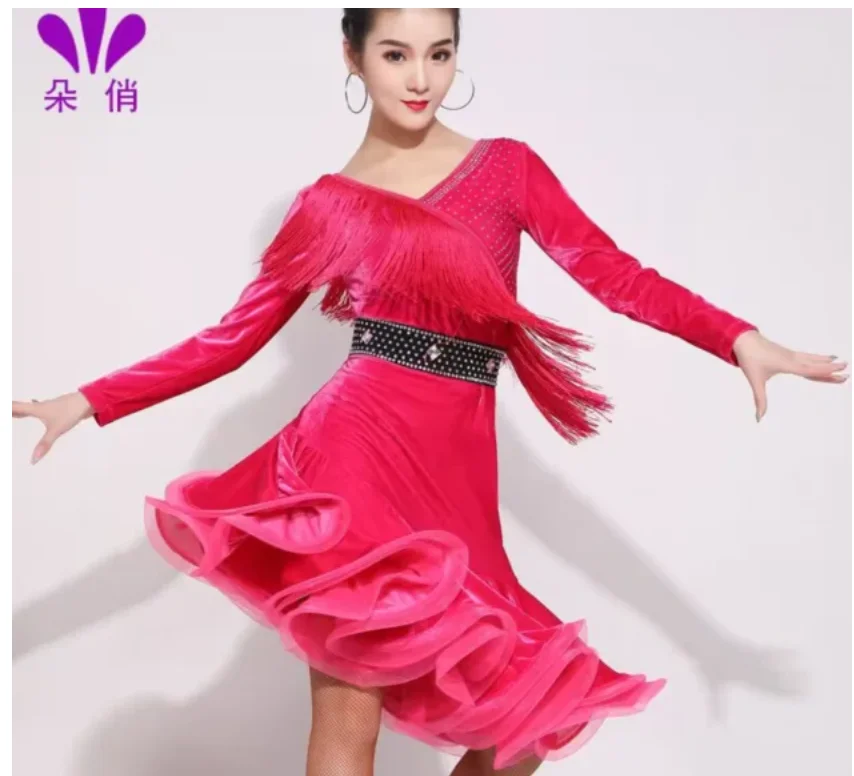 1pcs/lot woman fashion velvet latin dancing dress lady winter long sleeve cha cha dancing ruffles dress