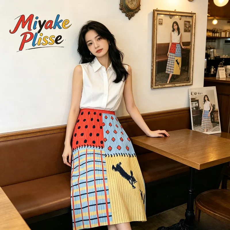 Miyake Pleated 2026 New Original Summer Skirt High Waist Mid-Length Printed Straight Cartoon Dog Half Skirt Casual Women Pleat