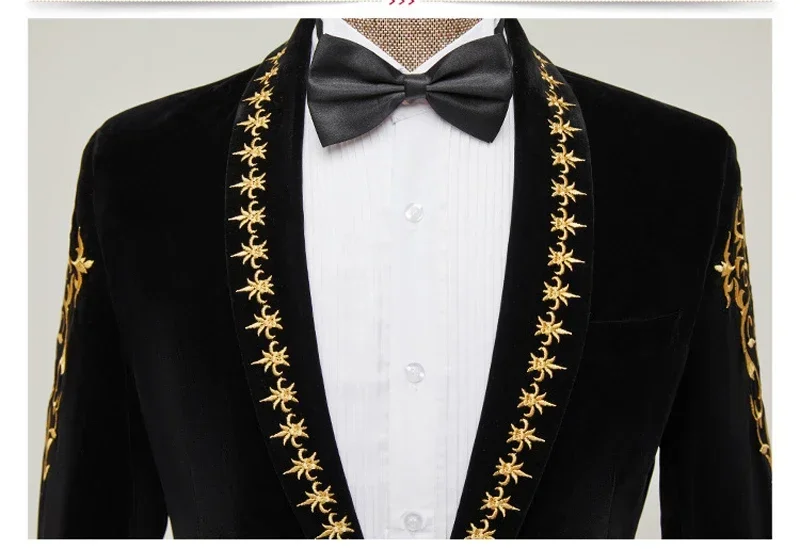 

Luxury Gold Baroque Floral Embroidery Velvet Blazer Jacket Men Shawl Collar One Button Dress Blazers Wedding Dinner Party Tuxedo