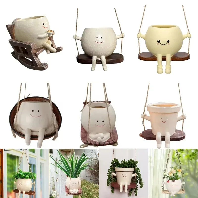 Creative Rocking Chair/Swing Face Succulent Planter Cute Resin Head Planters Home Garden Supplies for Indoor Outdoor Plants
