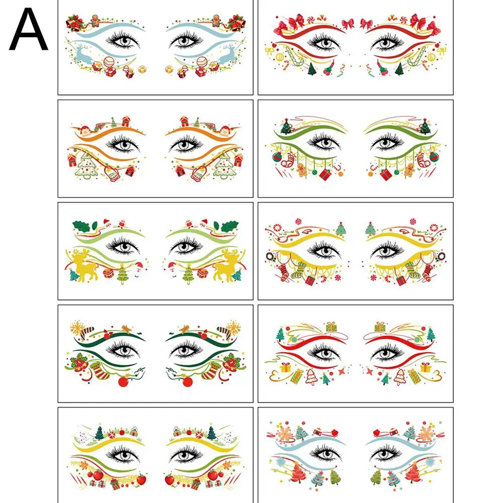 크리스마스 임시 얼굴 문신 스티커, 성인용 크리스마스 파티 메이크업, 얼굴 축제 파티용 화장품, O2w7, 10 개, 12 개