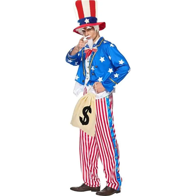 39BD erwachsene Männer Onkel patriotisch Kostümzubehör mit Hutbärchen Bowtie Perücke und Geldbag Independence Day Party Outfits