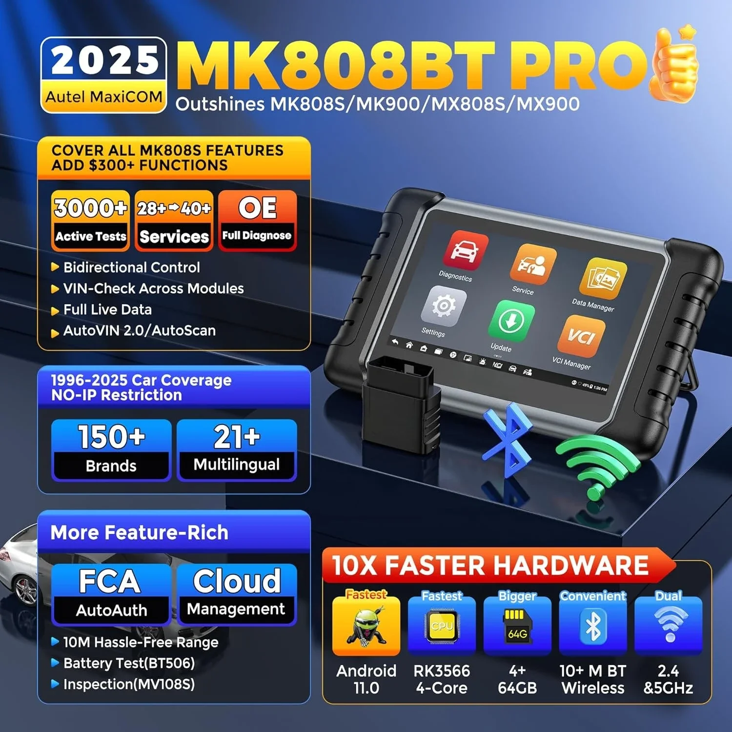 الماسح الضوئي MK808BT PRO، 2025 2.0 أداة تشخيصية كاملة ثنائية الاتجاه مثل MK900 MX900 MK900BT، Pro Ver. من MK808S MX808S، 3000+ اختبار