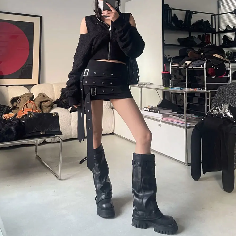2025 Wasteland Vintage y2k Biker Boots Black Platform Boots Mid