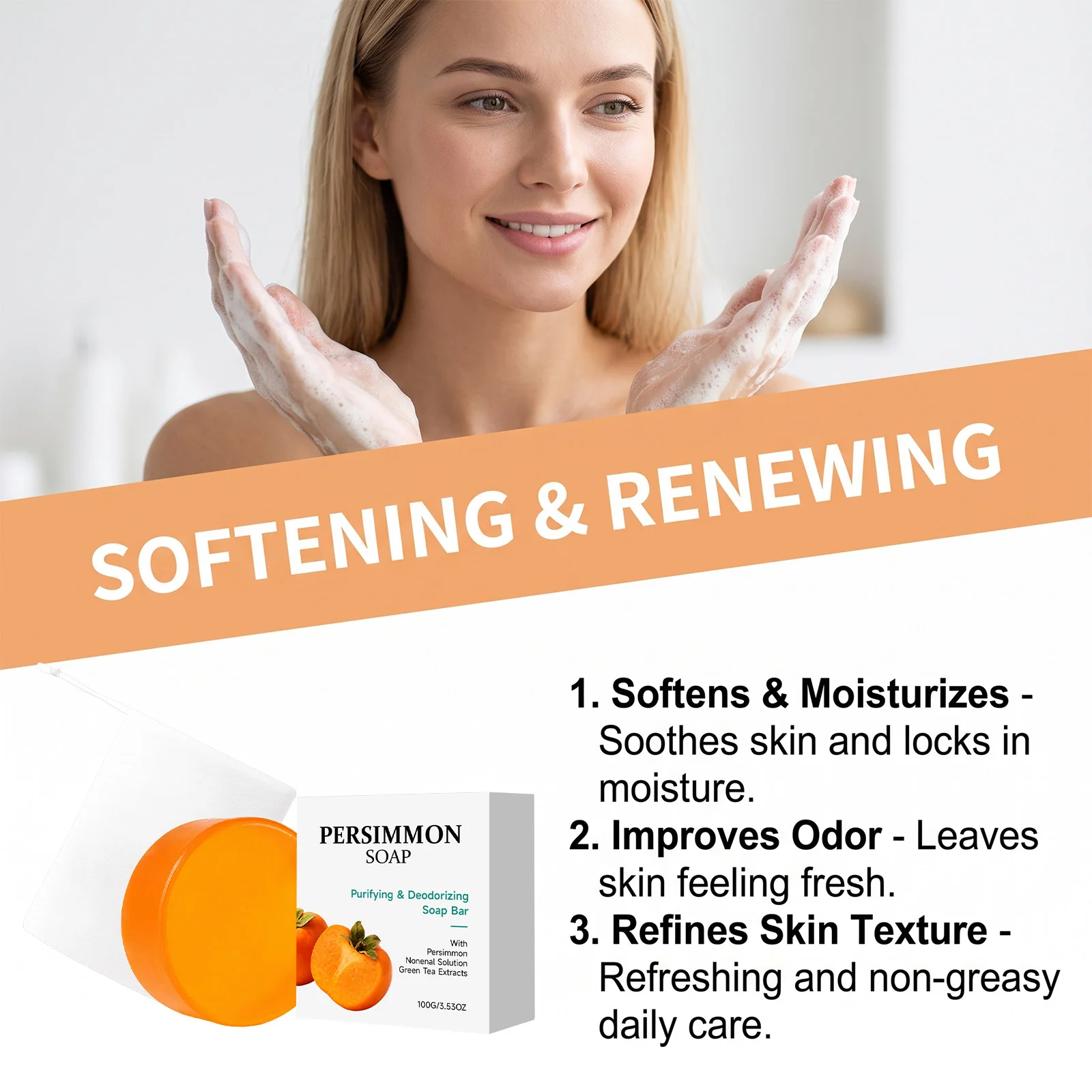 Organic Persimmon Soap With Green Tea Extract,Efficient Body Odor Removal Refresh Aroma Natural Deodorizing Soap For Men Women