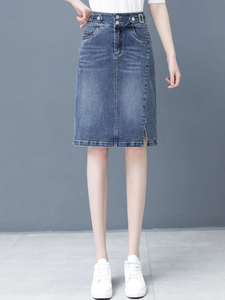 

Woman Denim Skirt To Knees Length Jeans Skirts for Women with Slit High Waist Casual Premium Chic and Elegant Modest Quality