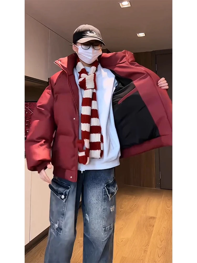 

Red Embroidered Collar PU Leather Cotton Jaet Men Winter Thi Warm Lunar New Year ort Bread Sle Couples Outerwear