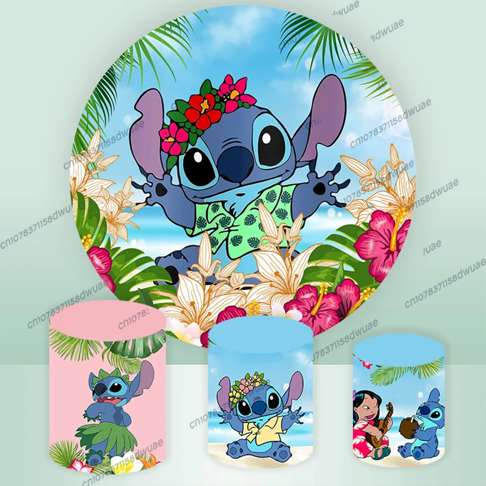 Lilo & Stitch 생일 사진 배경, 파티 사진 배경, 라운드 및 실린더 플린스 커버, 사진 배경