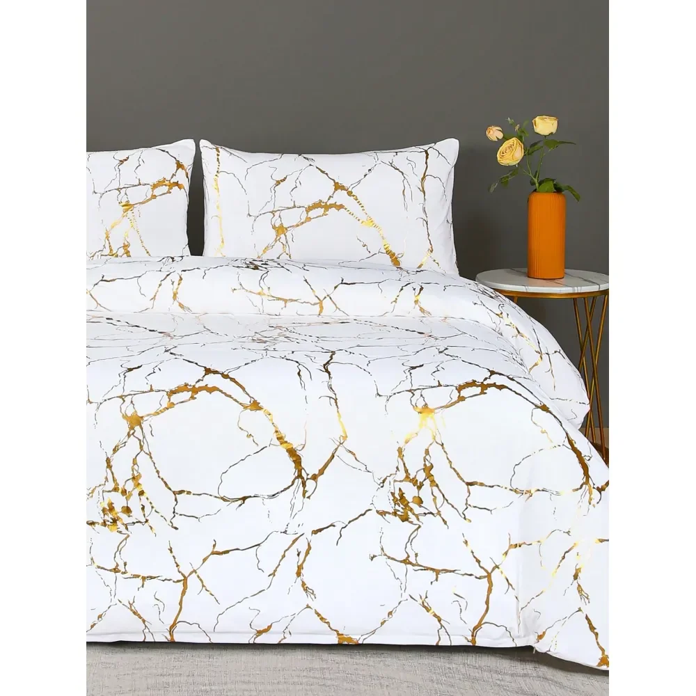 

3pcs Bedding Set Includes Bed Sheet And Pillowcases With Fleece Brushing Technique, Marble Pattern And Gold Foil Style