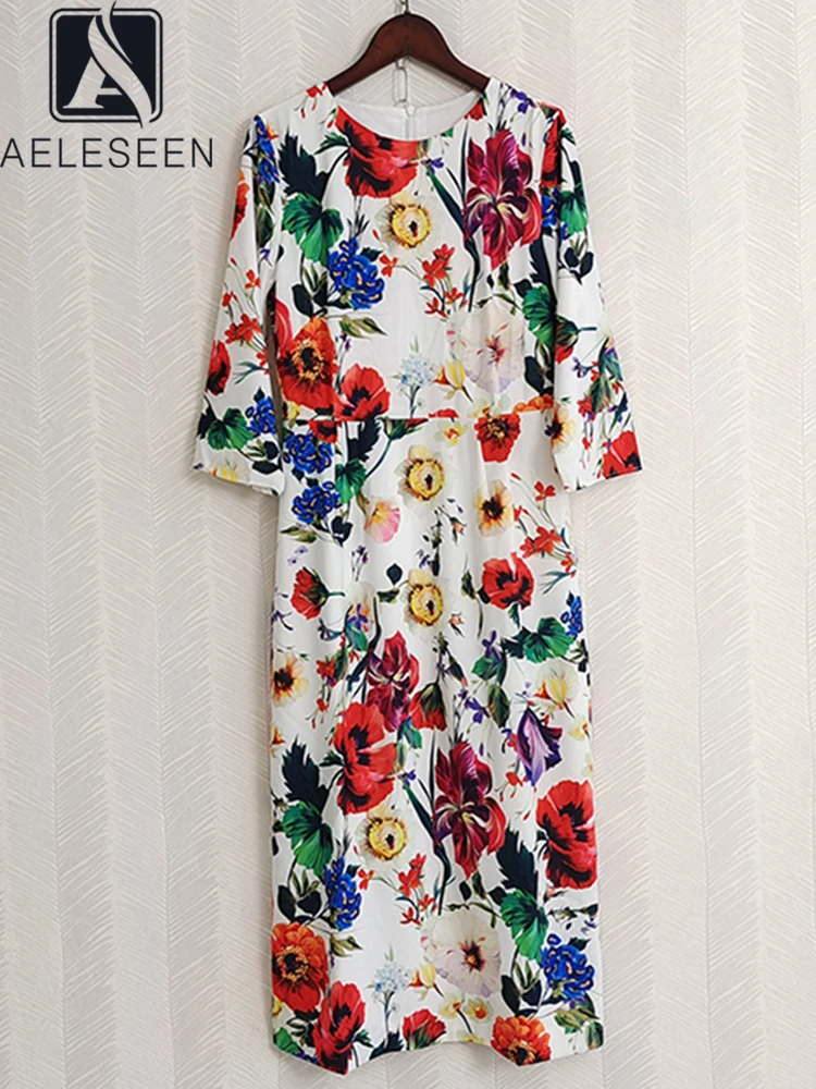 

AELESEEN Fashion Designer 2022 Summer Vintage Dress Women O-Neck Flower Printed Elegant Slim Office Lady Midi