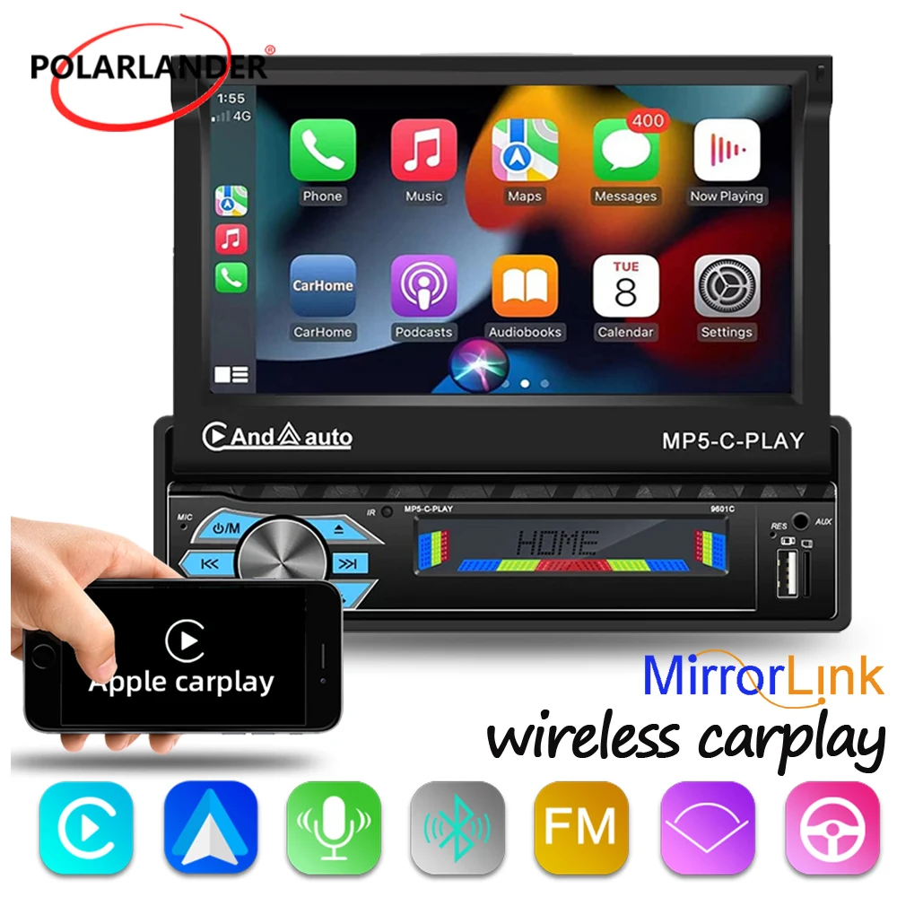 

Car Stereo MP5 Player Bluetooth USB/TF Card Android Auto Mirror Link Electric Telescopic Screen 1 Din 7" FM Wireless Carplay