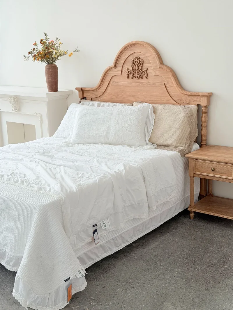 Luxury Enzyme Washed Quilted Coverlet Set 3-Piece French Lace Trim Wadded Eco-Friendly Dye Bedspread & Quilted Duvet Cover 1PC