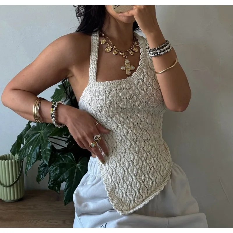 2026 Spring and Summer Backless Lace-up Knitted Fashionable and Sexy Irregular Suspender Sleeveless Vest