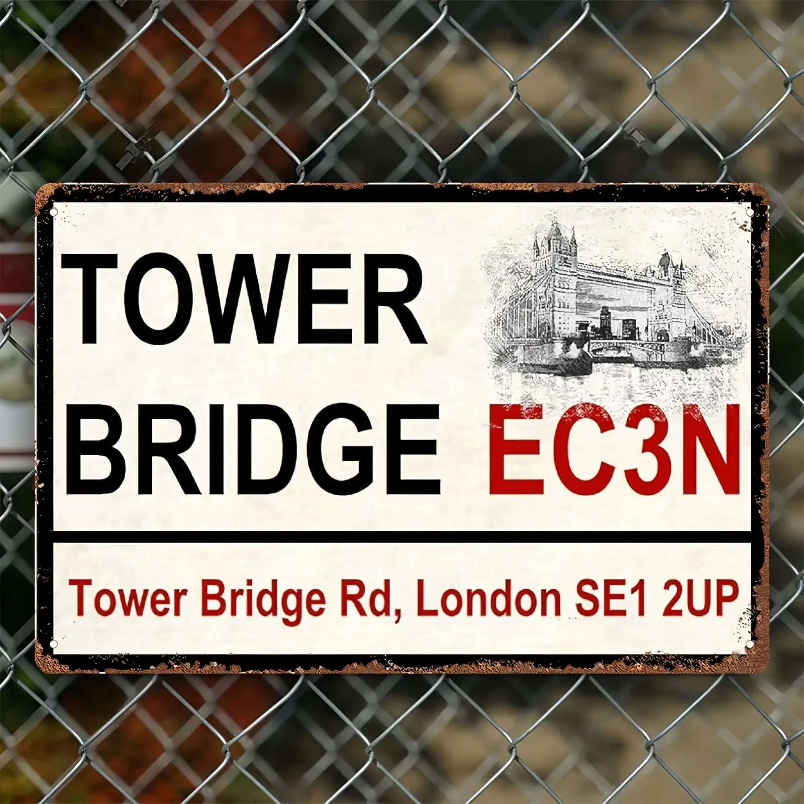 Vintage London Tower Bridge Tin Sign - Red & Black Text Metal Wall Art with Detailed Illustration, Durable Iron Indoor/Outdoor D