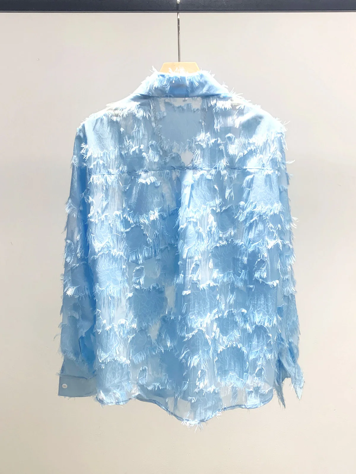New Men's Shirt Tassel Hollow Design Net Lace Thin Summer See-through Loose Shoulder Pad Flower Top Breathable Long Sleeve Shirt