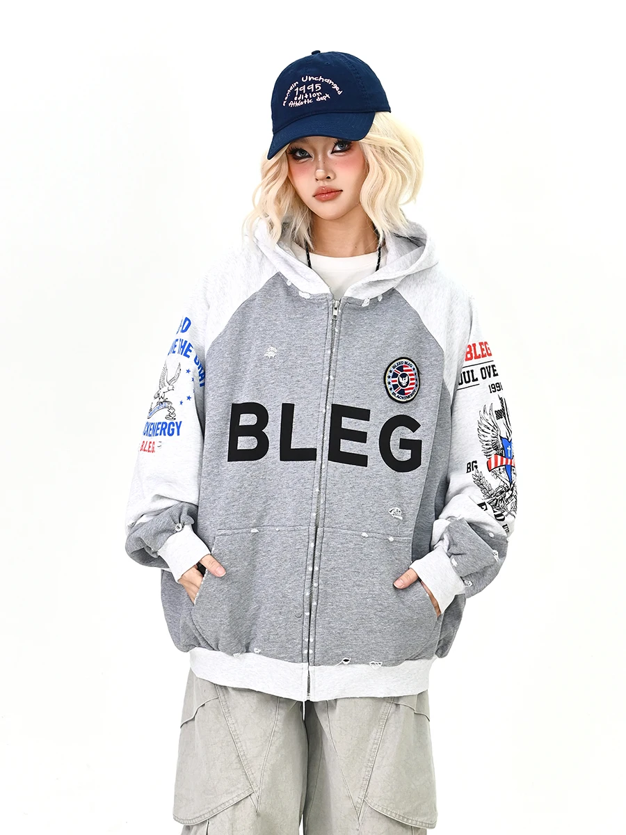 

Женская свободная толстовка-кардиган Color Blo Bae в американском университетском стиле, весна 2026, уличная повседневная одежда с длинными рукавами