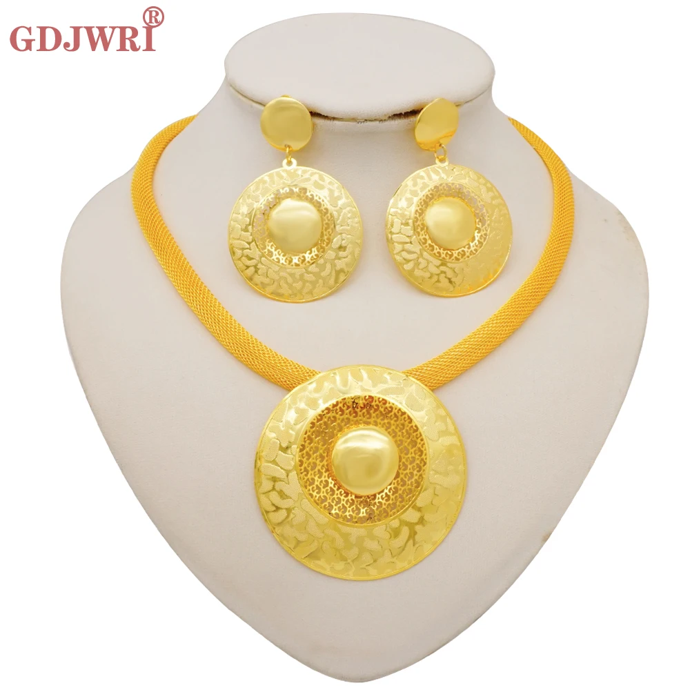 

Luxury Dubai Gold Color Arab Africa Beads Round Jewelry Set Pendant Necklace Earrings Sets For Women Jewellery Party Gift