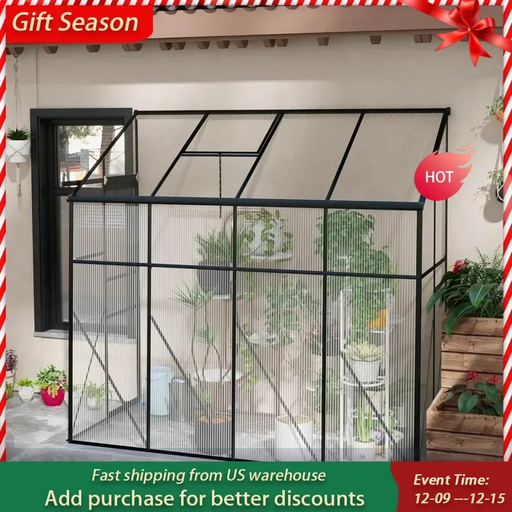 8' x 4' Lean-to Polycarbonate Greenhouse, Walk-in Green House with Sliding Door House with Aluminum Frame and Foundation