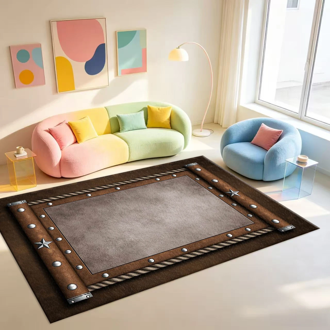 Western Cowboy Metal Star-Shaped Frame Carpet Vintage Leather Rope Pattern Home Floor Carpet