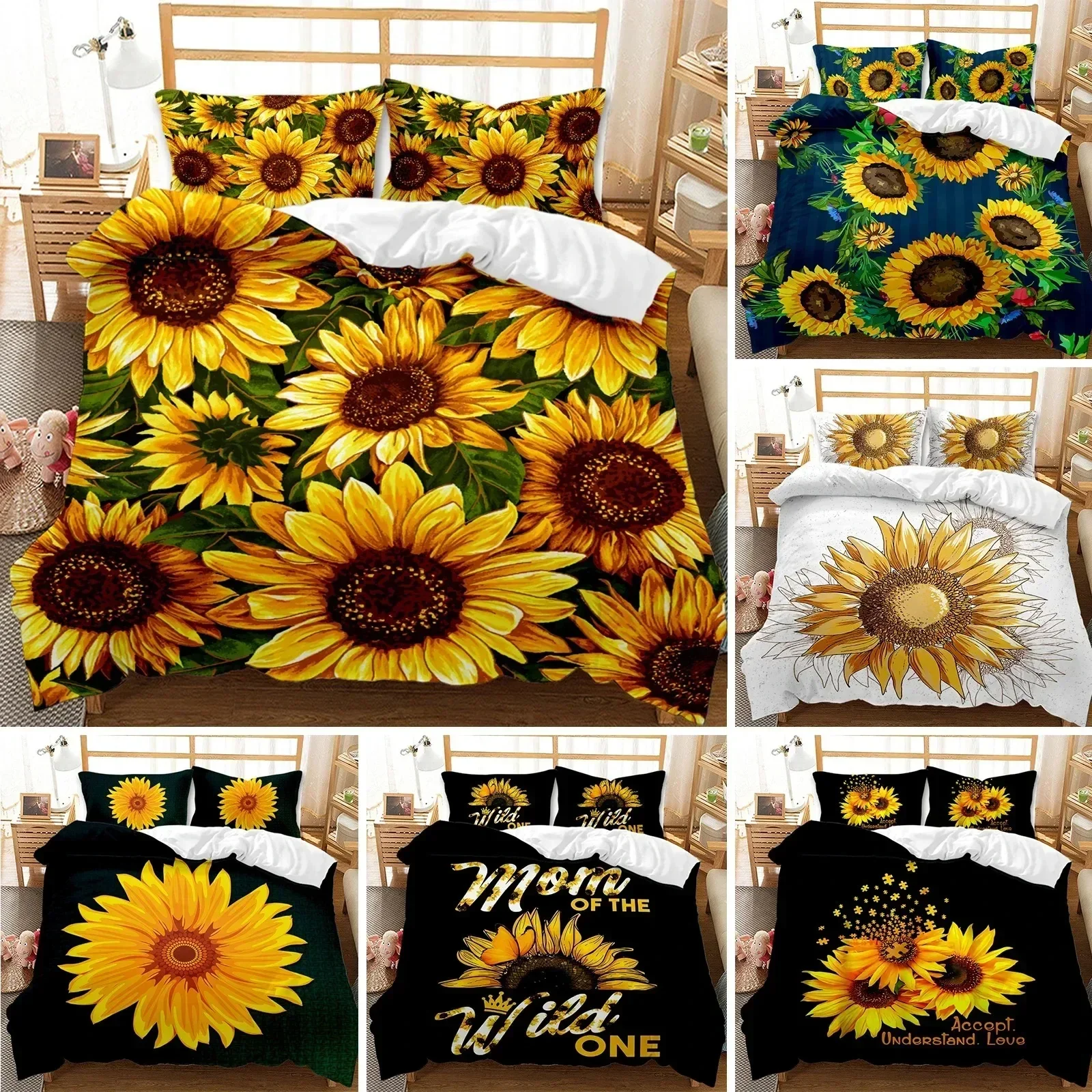 

Sunflower Duvet Cover Set Yellow Flower Bedding Set Sunflower Botanical Floral Garden Bloom Print on Black Polyester Quilt Cover