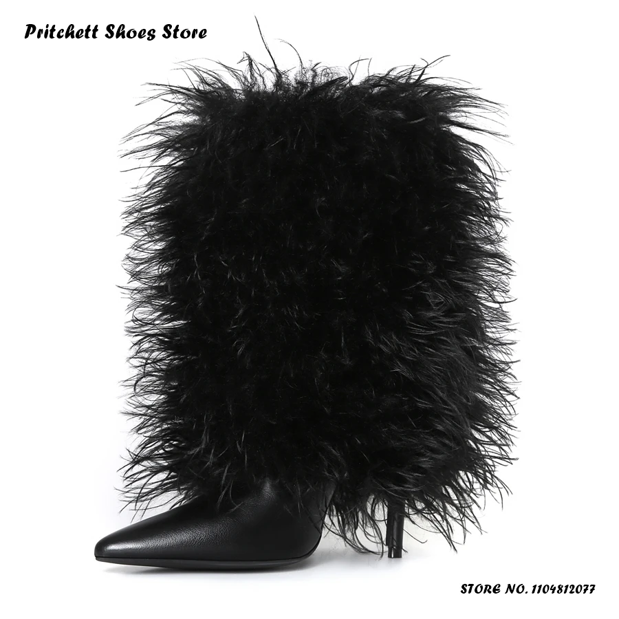 Women's Fluffy Mid-calf Boots Fashion Street Style Faux Fur Slip-On Booties Solid Pointed Toe Thin Heels Party Festival Footwear