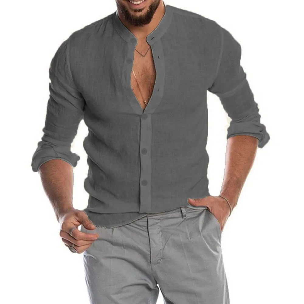 Hot Sale New Summer Solid Color Cotton Linen Men\'s Long-Sleeved Shirts Casual Stand-Up Collar Beach Style Breathable Male Top