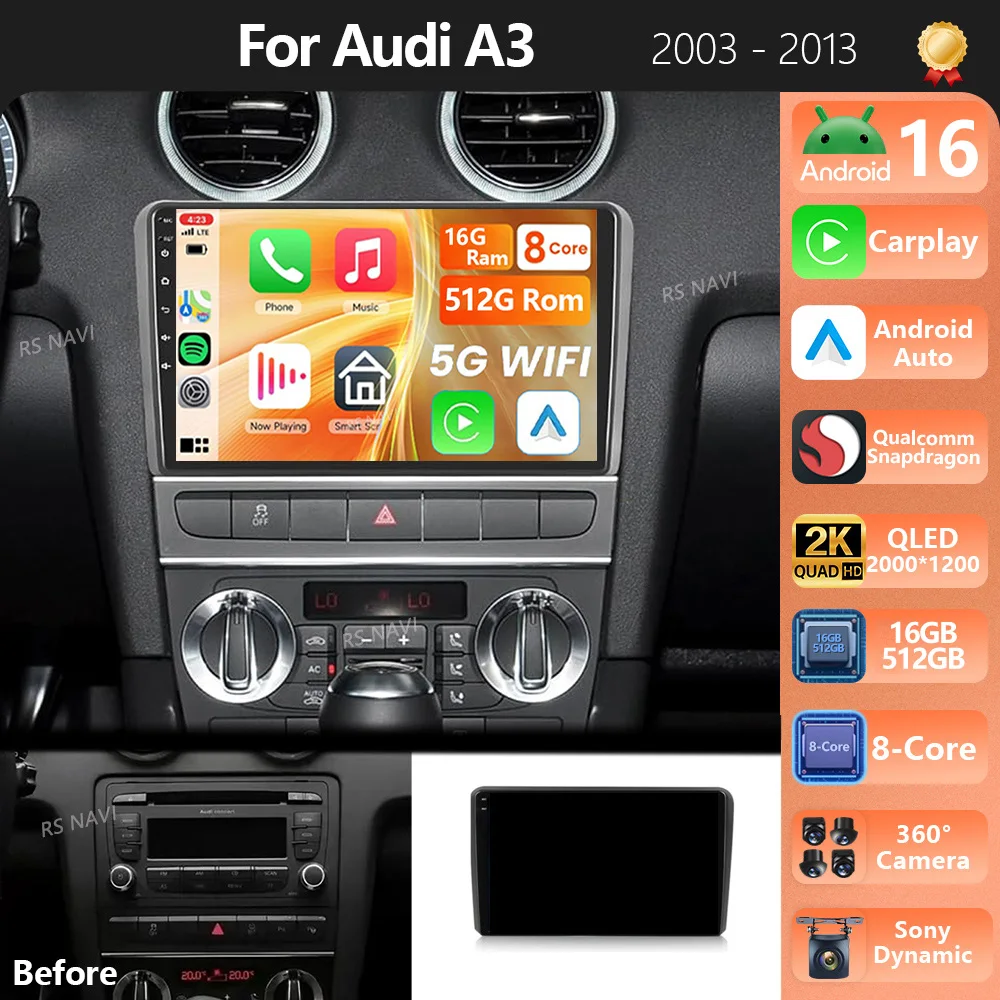 

Plug and Play Android 16 Carplay Auto GPS Navigation Radio Multimedia Player For Audi A3 8P 2003 - 2013 video Stereo Car Radio