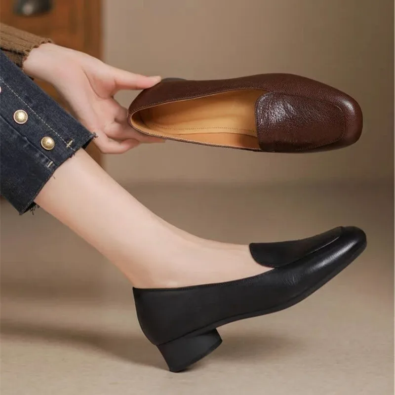 Authentic Premium Women's Chunky Heel Slip-On Loafers Soft Sole Casual Low-Cut New Style Comfort for Moms