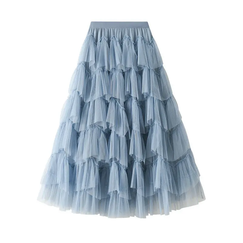 Spring Korean Tutu Tulle Long Skirts Womens Solid A Line High Waist Mesh Tiered Maxi Skirt Female Faldas Aesthetic