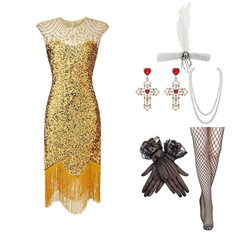 Retro Beaded Fringe Dress round Neck Gown for Stage Performance And Banquet Elegant Women's Traditional Costume Summer New Ar...