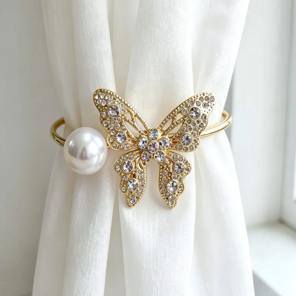 Elegant Butterfly Shape Curtain Tie Back Pearl Rhinestone Decorated Metal Clip Drapery Holder For Home Decorative Accessory