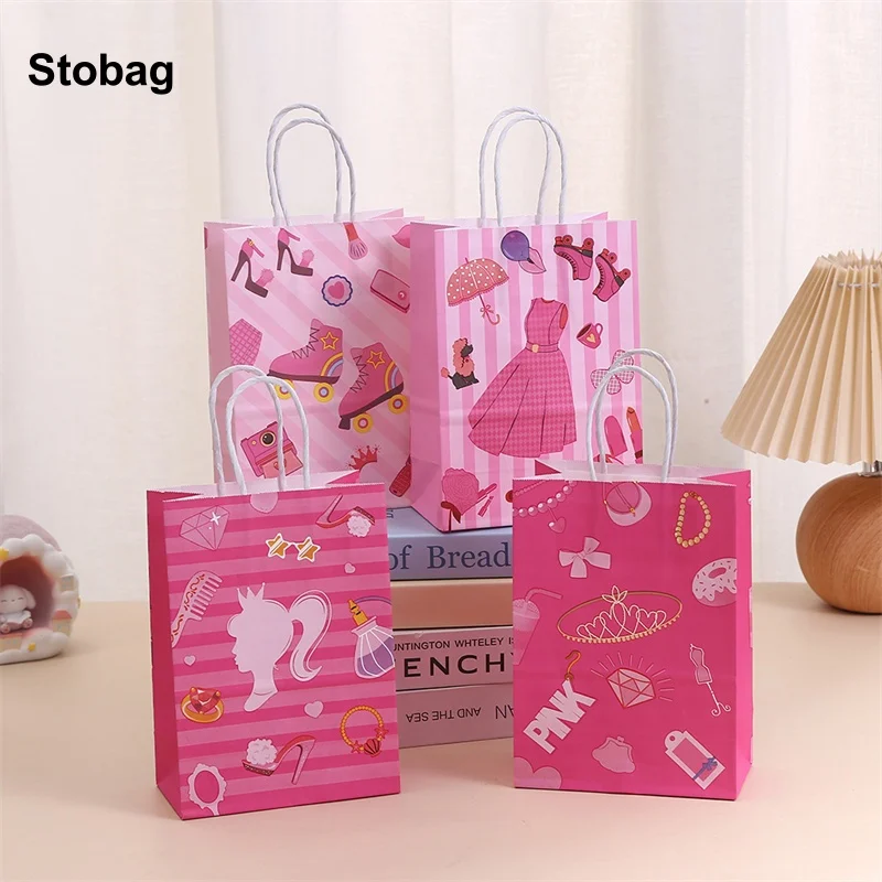 

StoBag 24pcs Wholesale Cartoon Girl Kraft paper Gift Tote Bags Handbag Packaging for Candy Snack Pouch Birthday Party Favor