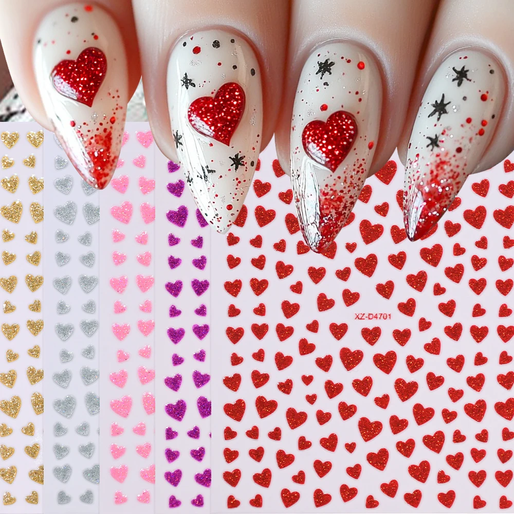 

1/5PCS 3D Love Heart Nail Art Sticker Valentine's Day Mixed Color Sparly Glitter Heart Adhesive Nail Decal Y2K Manicure Sliders