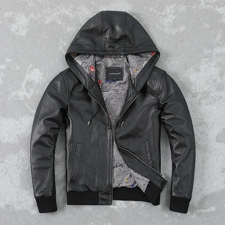 

LNY!Wholesales.Plus brand new genuine leather hoodies.wholesales men black cowhide jacket.Plus size quality coat