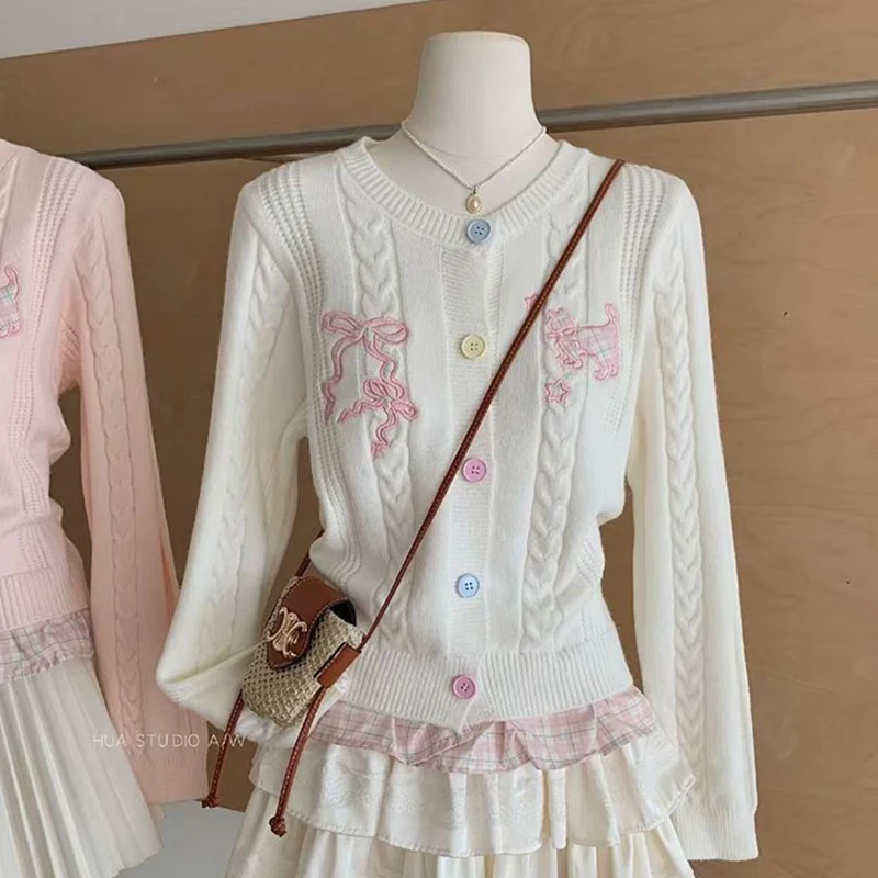 Women Cable Knit Cardigan Dog Bow Embroidery Sweater Contrast Button Crew Neck Blue Preppy Coquette Winter Top Coat