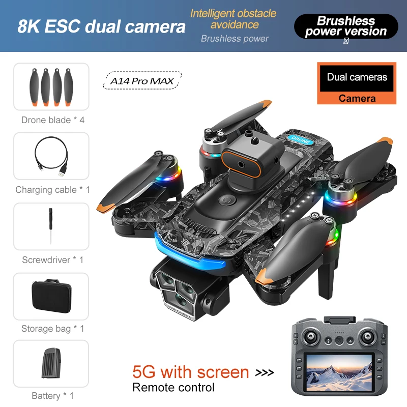 

Дрон A14Pro Max 8K с GPS и бесщеточным двигателем, тройной камерой EIS, оптическим потоком, предотвращением препятствий, складной радиоуправляемый квадрокоптер