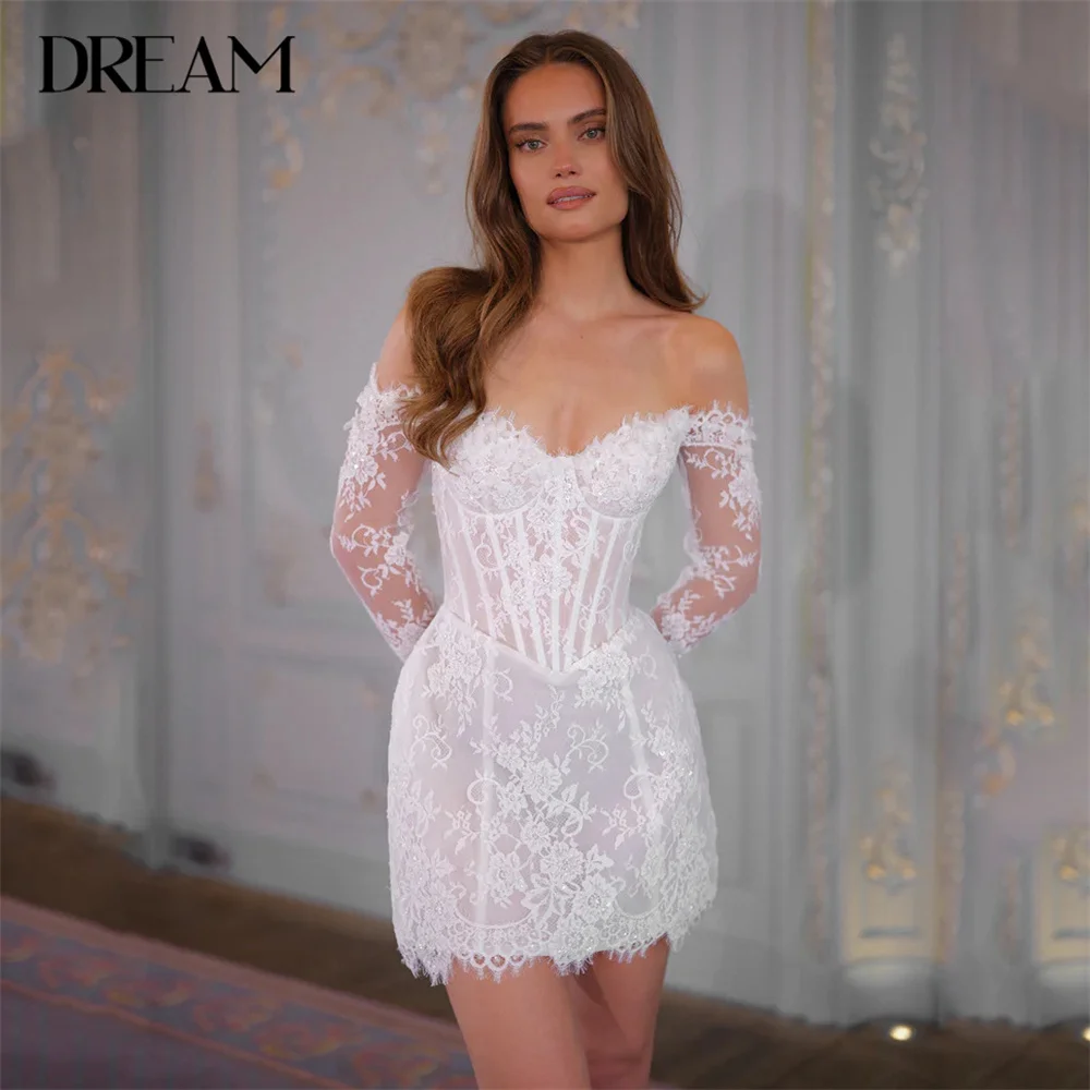 

DREAM Long Sleeve Lace Mini Wedding Dress Sheath Off The Shoulder Sweetheart Lace-up Bridal Gown Vestidos De Novia Customized