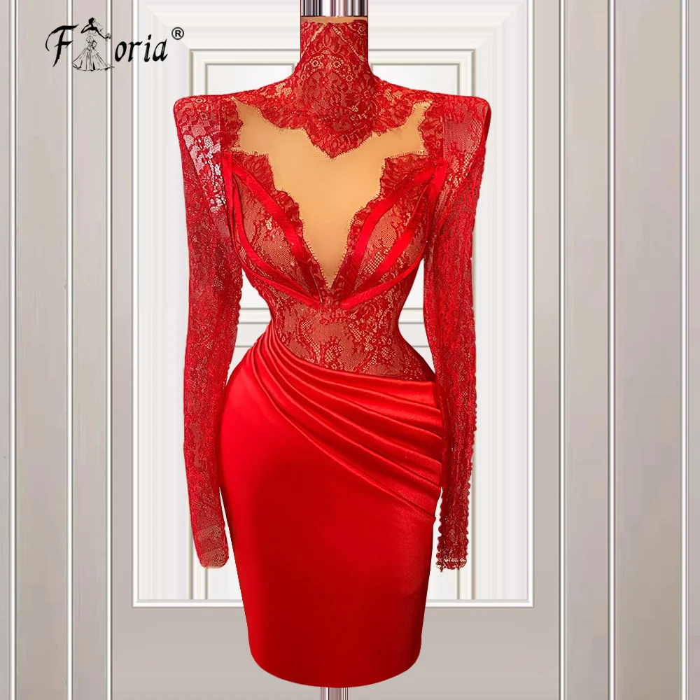 Minivestido de cóctel rojo modesto, cuello alto, mangas largas, Sexy, de satén de encaje, corto, para baile de graduación, boda, noche, ropa de fiesta, hecho a medida