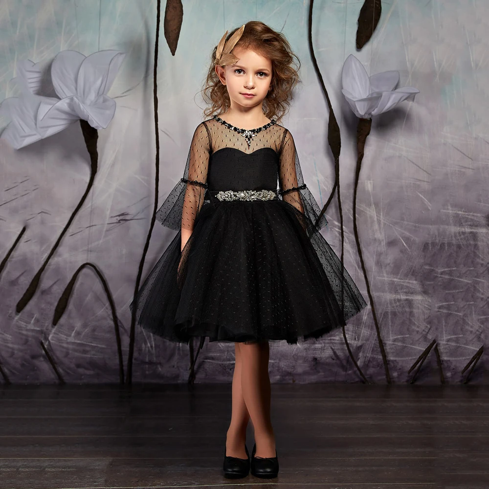 Yipeisha O-neck 3/4 Sleeves Black Girl\'s Party Dress Dot Tulle A Line Knee Length Toddler\'s Prom Gown Formal Dance Wear