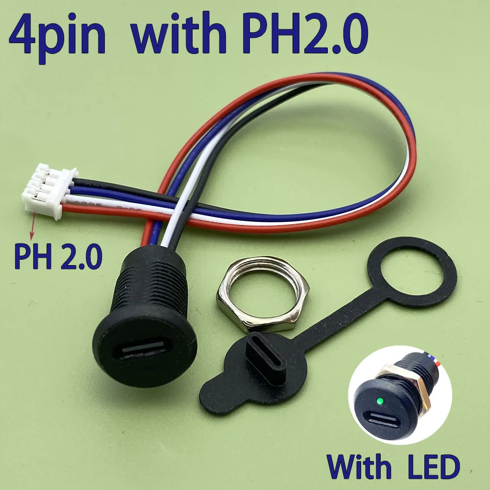 

22pcs 4Pin Waterproof USB Type-C Female Socket/Connector with LED Light & Nut Lock Plate, TPC Waterproof Type-C Female Connector