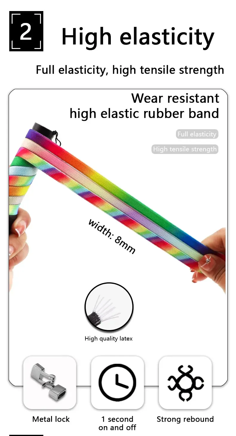 1 Paar flache Schnürsenkel mit Regenbogen-Farbverlauf und Metallschnalle, elastische Schnürsenkel ohne Binden für Sneaker, Schuhzubehör – Detail 4