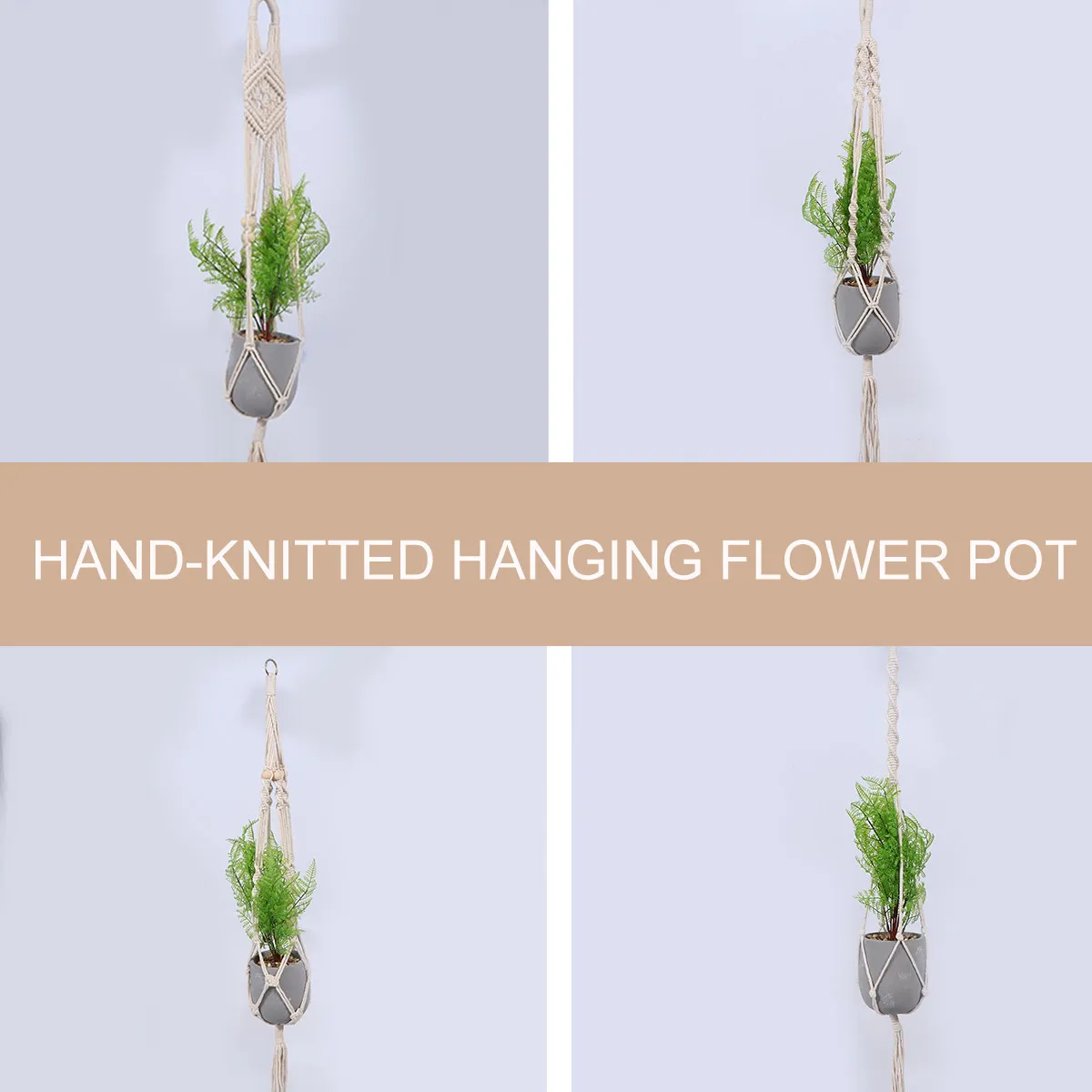 4Pcs Cotton Rope Flowerpot Net Bag Hand Knitted Hanging Plant Basket with Tassel Decor for Indoor Room Bedroom