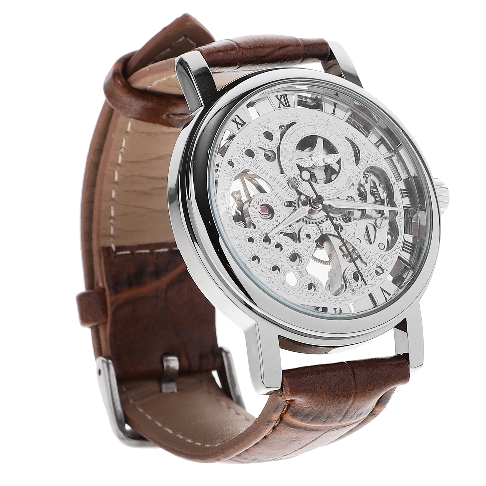 

Men Automatic Mechanical Watch White Brown PU Band Mechanical Movement Hour Minute Suitable Men